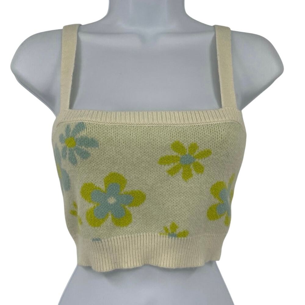 Witty Fox Cropped Floral Y2K Women Top Sz S Cottagecore 70s Hippie Daisy Knit